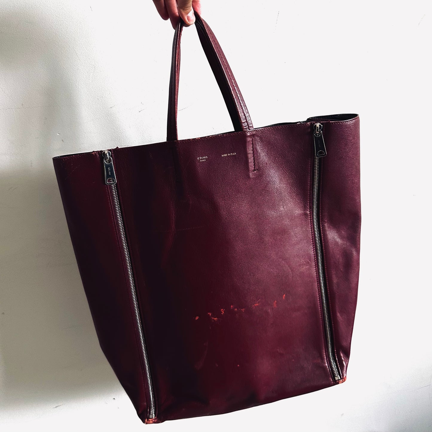 Celine Burgundy Maroon Red Cabas Lambskin Leather Monogram Logo Zip Shopping Shoulder Tote Bag