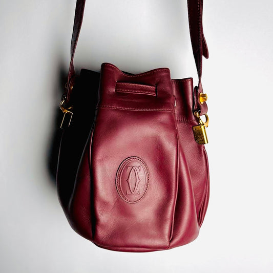 Cartier Must / Mast de Cartier Burgundy Maroon Red GHW Smooth Leather Bucket Shoulder Sling Bag