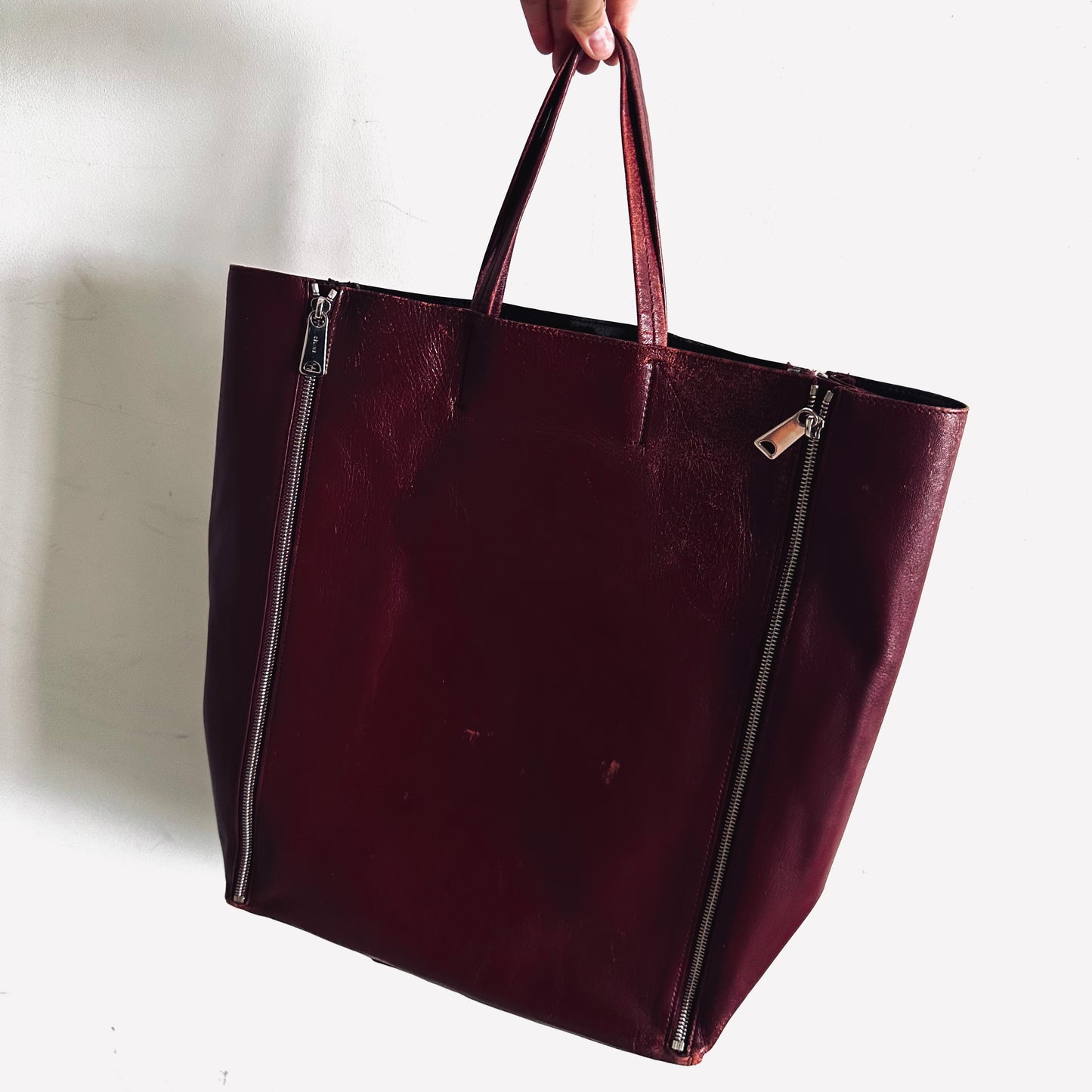 Celine Burgundy Maroon Red Cabas Lambskin Leather Monogram Logo Zip Shopping Shoulder Tote Bag