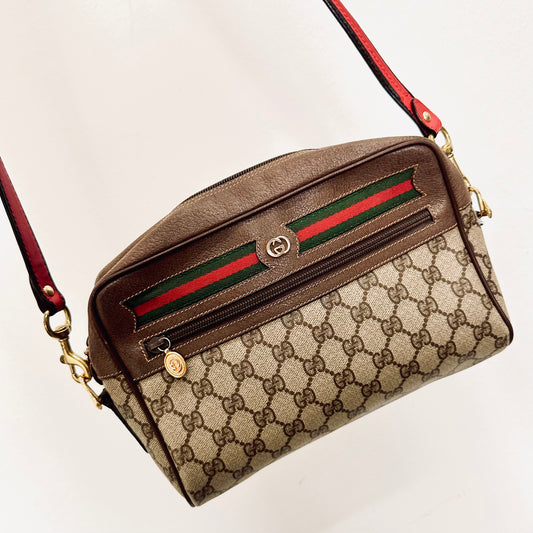 Gucci Beige GHW Ophidia GG Monogram Logo Web Striped Camera Shoulder Sling Bag