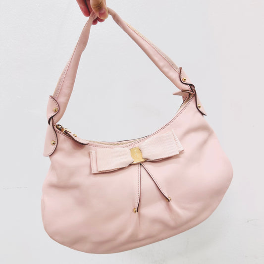 Salvatore Ferragamo Blush Pink GHW Vara Bow Smooth Leather Shoulder Hobo Baguette Bag