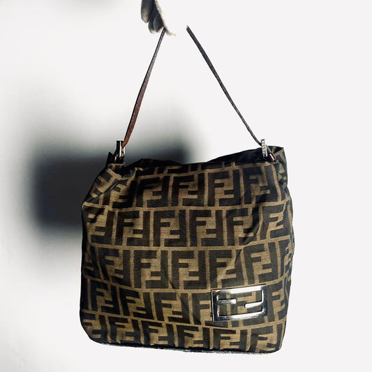 Fendi Zucca Brown FF Monogram Logo Hobo Baguette Shoulder Bag