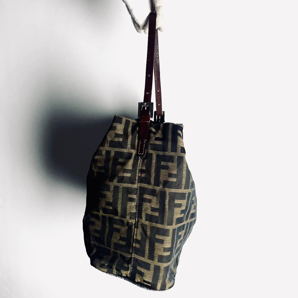 Fendi Zucca Brown FF Monogram Logo Hobo Baguette Shoulder Bag