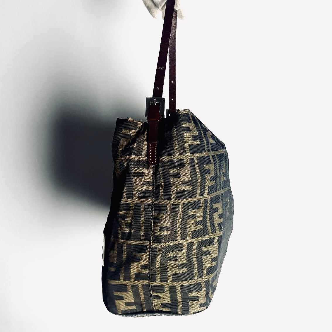 Fendi Zucca Brown FF Monogram Logo Hobo Baguette Shoulder Bag