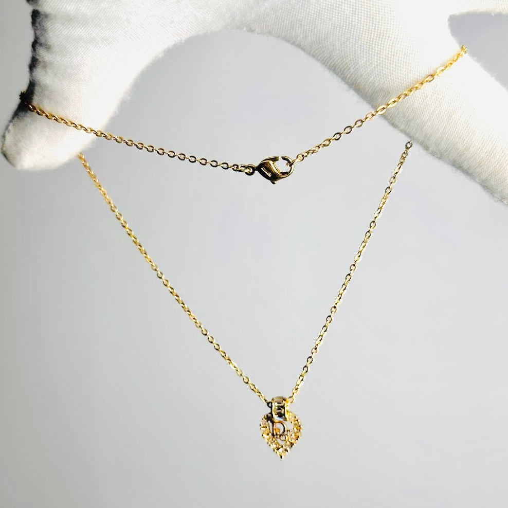 Christian Dior CD Monogram Logo Heart Gold & Crystals Vintage Chain Necklace