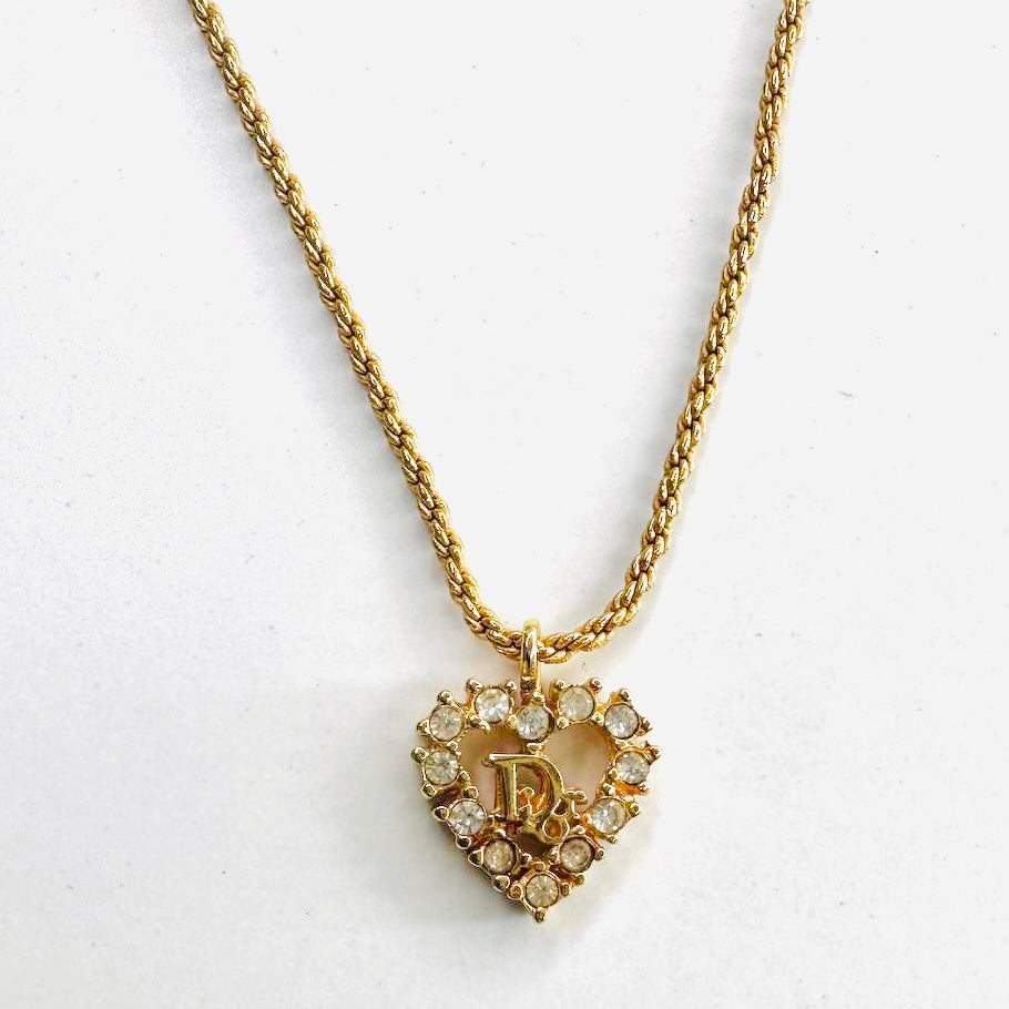 Christian Dior CD Monogram Logo Heart Gold & Crystals Chain Vintage Necklace