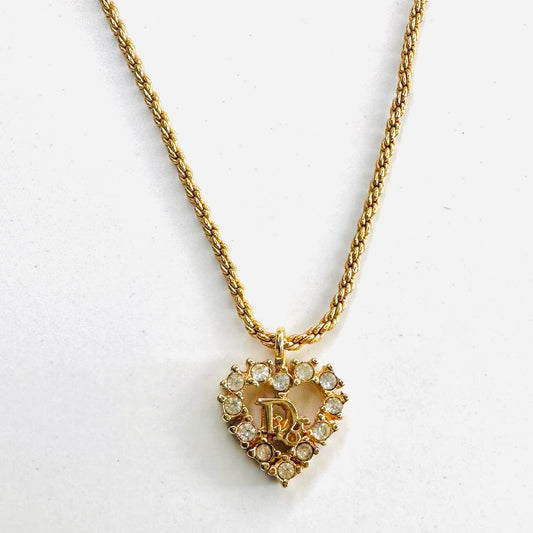 Christian Dior CD Monogram Logo Heart Gold & Crystals Chain Vintage Necklace