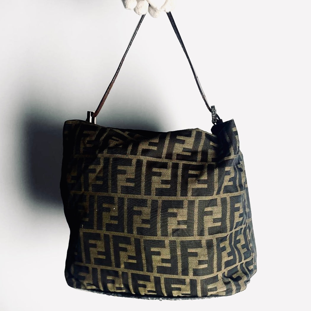 Fendi Zucca Brown FF Monogram Logo Hobo Baguette Shoulder Bag
