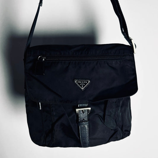 Prada Black Tessuto Logo Classic Nylon & Leather Flap Shoulder Sling Bag