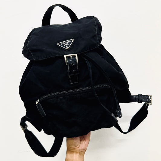 Prada Tessuto Classic Black Monogram Logo Nylon & Leather Backpack Bag