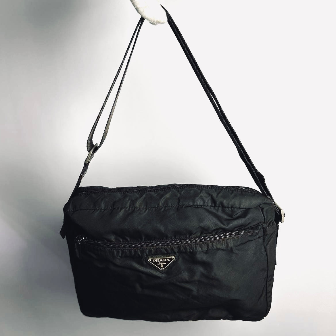 Prada Dark Khaki Green Monogram Logo Tessuto Sport Nylon & Leather Camera Shoulder Sling Bag