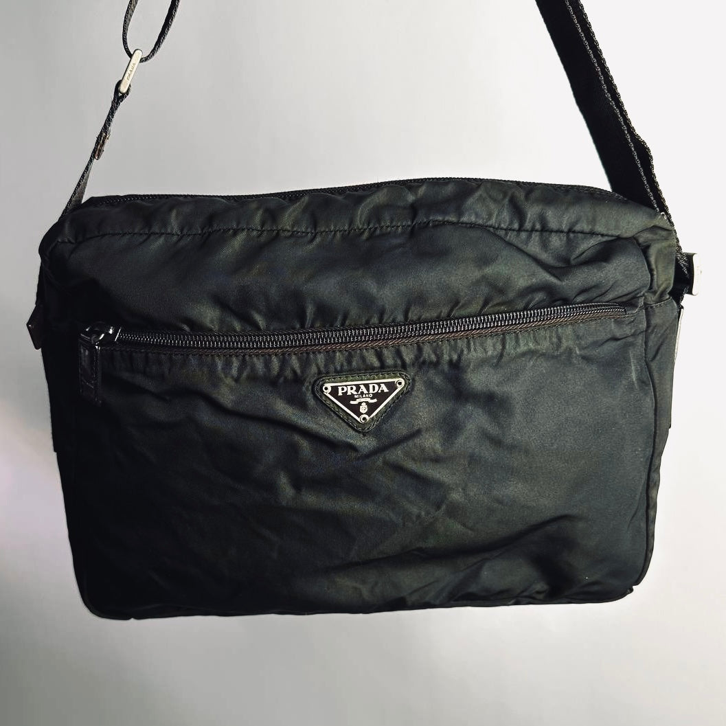 Prada Dark Khaki Green Monogram Logo Tessuto Sport Nylon & Leather Camera Shoulder Sling Bag