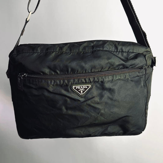 Prada Dark Khaki Green Monogram Logo Tessuto Sport Nylon & Leather Camera Shoulder Sling Bag