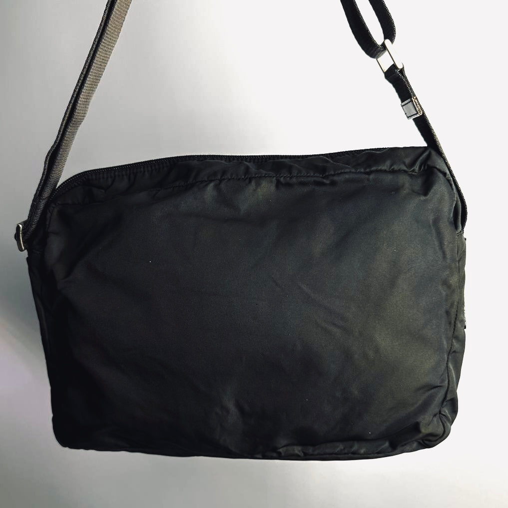 Prada Dark Khaki Green Monogram Logo Tessuto Sport Nylon & Leather Camera Shoulder Sling Bag