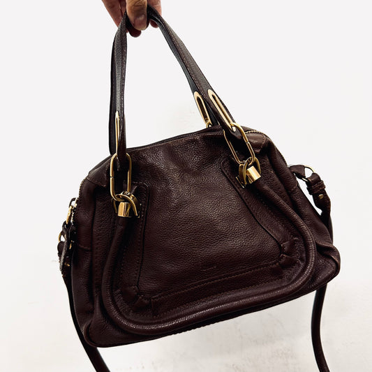 Chloe Paraty Dark Brown GHW Classic Leather 2-Way Small Top Handle Shopper Shoulder Sling Tote Bag