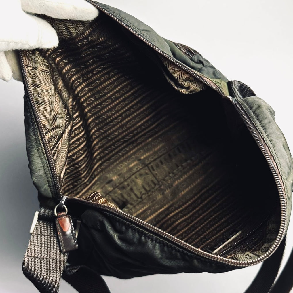 Prada Dark Khaki Green Monogram Logo Tessuto Sport Nylon & Leather Camera Shoulder Sling Bag