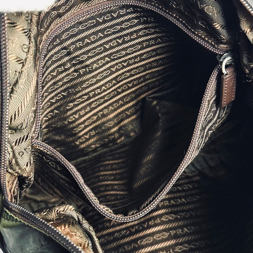 Prada Dark Khaki Green Monogram Logo Tessuto Sport Nylon & Leather Camera Shoulder Sling Bag