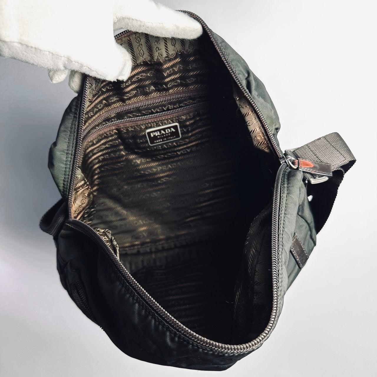 Prada Dark Khaki Green Monogram Logo Tessuto Sport Nylon & Leather Camera Shoulder Sling Bag