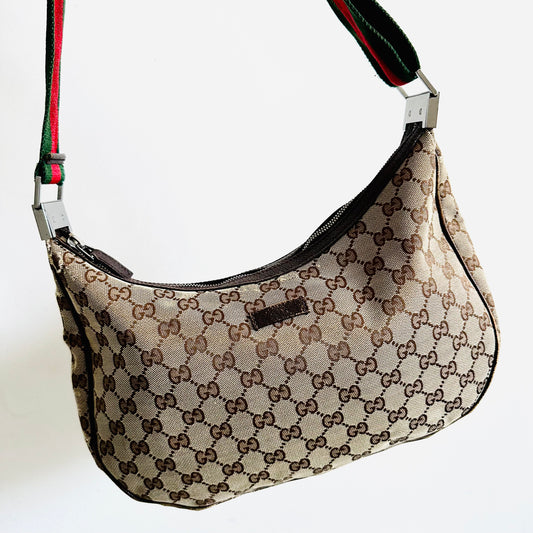 Gucci Beige GG Monogram Logo Web Striped Strap Half Moon Crescent Hobo Baguette Shoulder Sling Bag