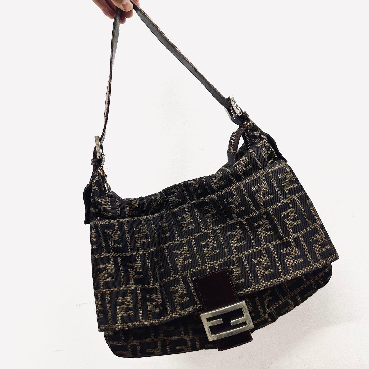 Fendi Brown GHW Zucca FF Monogram Logo Mamma Hobo Baguette Flap Shoulder Bag