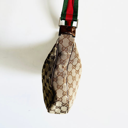 Gucci Beige GG Monogram Logo Web Striped Strap Half Moon Crescent Hobo Baguette Shoulder Sling Bag