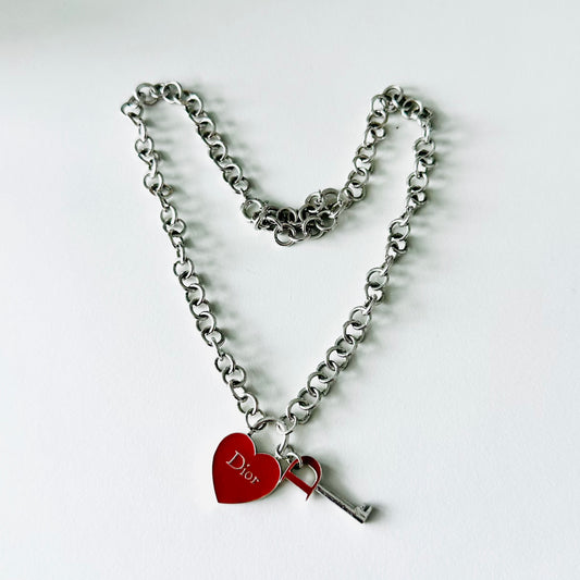 Christian Dior CD Classic Monogram Logo Heart & Key Chunky Charms Necklace