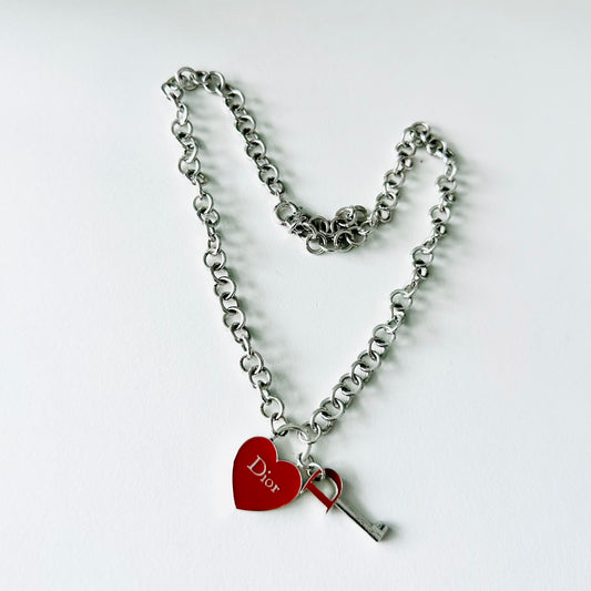 Christian Dior CD Classic Monogram Logo Heart & Key Chunky Charms Necklace