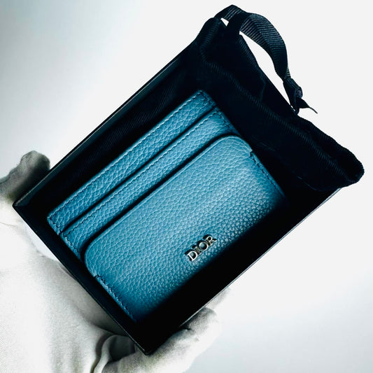 Christian Dior CD Blue Grained Calfskin Cardholder Card Case Holder Wallet
