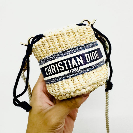 Christian Dior CD Beauty Navy Blue GHW 2-Way Monogram Logo Mini Straw Raffia Basket Drawstring Shoulder Sling Bag