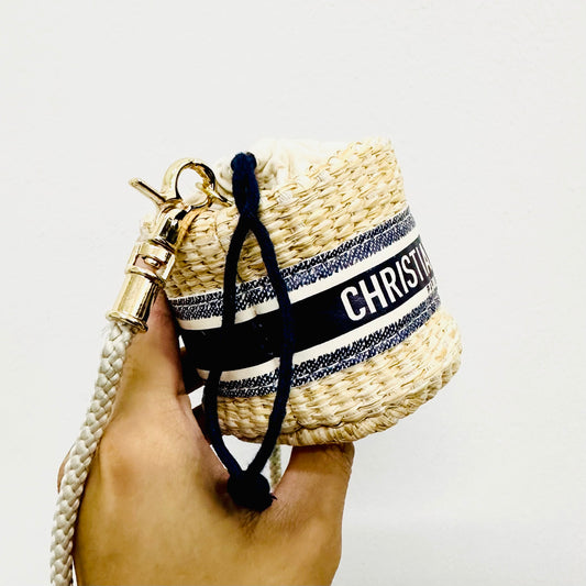 Christian Dior CD Beauty Navy Blue GHW 2-Way Monogram Logo Mini Straw Raffia Basket Drawstring Shoulder Sling Bag