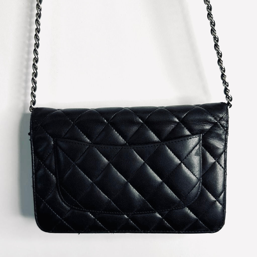 Chanel Black CC Logo Classic WOC Quilted Lambskin Wallet On Chain Shoulder Sling Flap Bag 16s