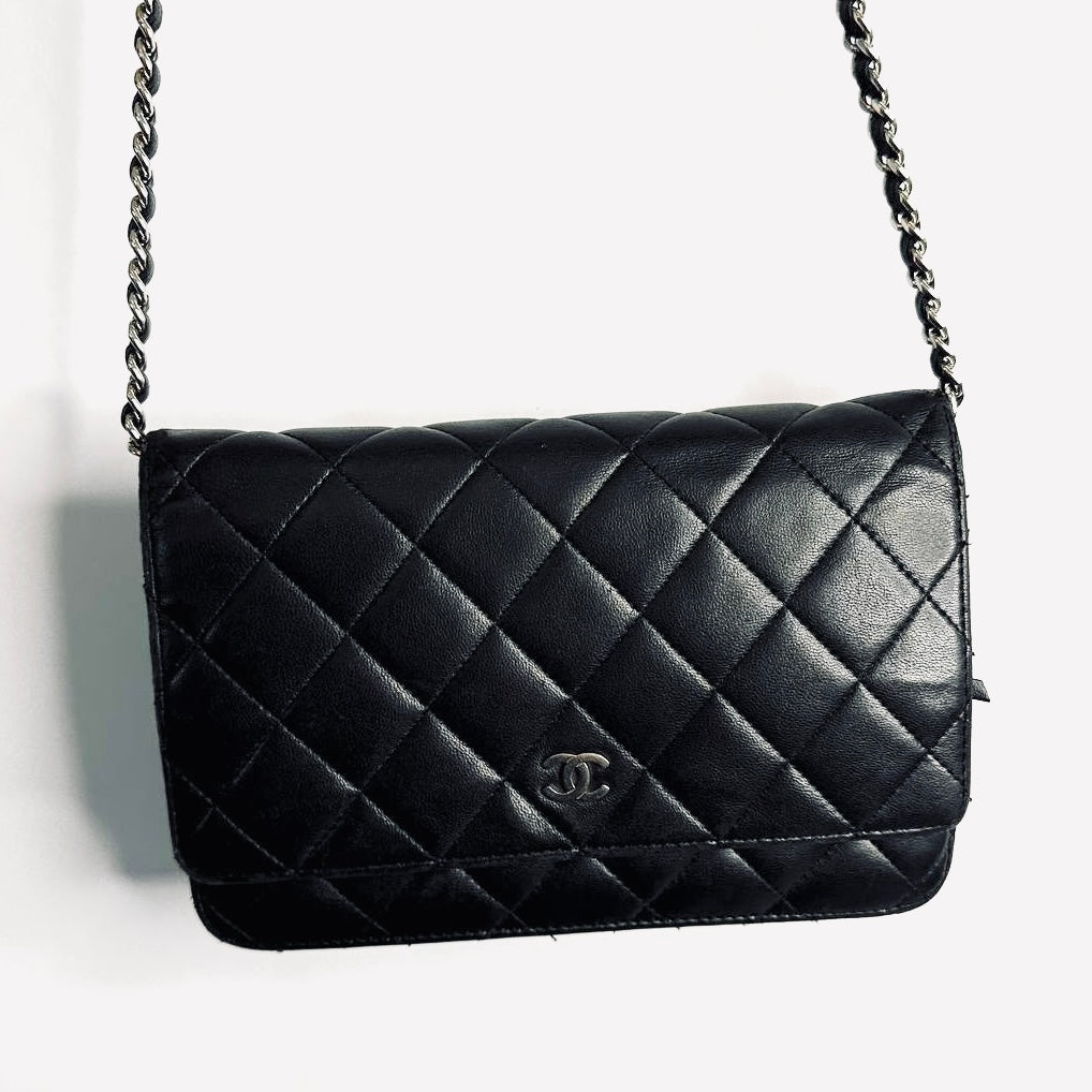 Chanel Black CC Logo Classic WOC Quilted Lambskin Wallet On Chain Shoulder Sling Flap Bag 16s