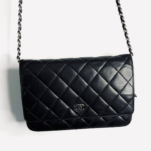 Chanel Black CC Logo Classic WOC Quilted Lambskin Wallet On Chain Shoulder Sling Flap Bag 16s