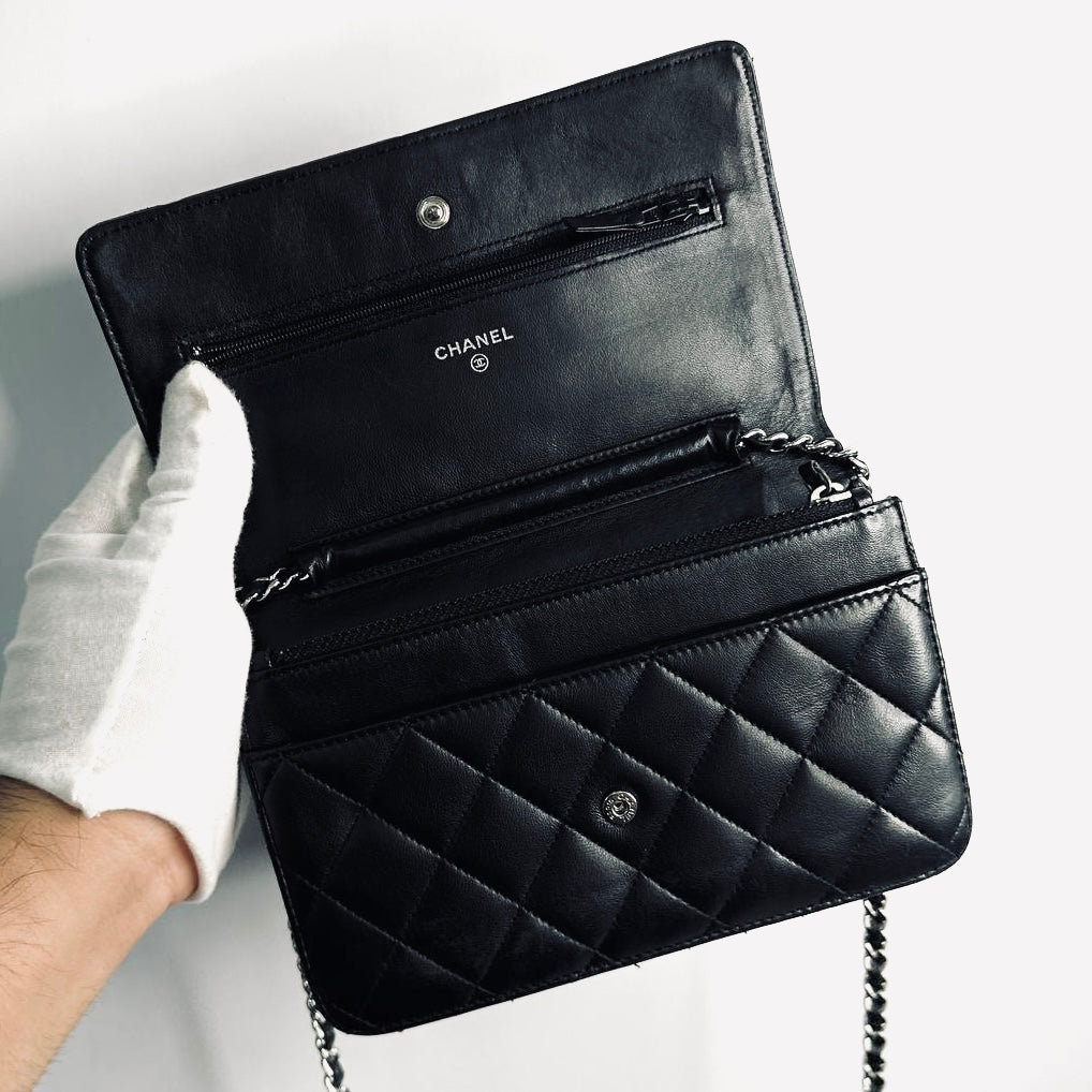 Chanel Black CC Logo Classic WOC Quilted Lambskin Wallet On Chain Shoulder Sling Flap Bag 16s