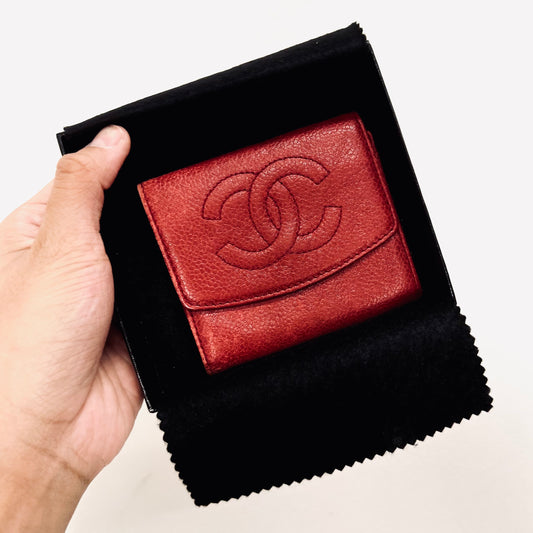 Chanel Red GHW Giant CC Logo Caviar Leather Flap Compact Wallet 3s