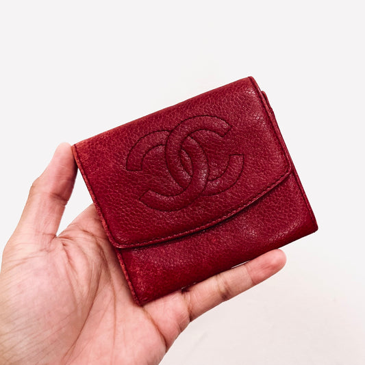 Chanel Red GHW Giant CC Logo Caviar Leather Flap Compact Wallet 3s