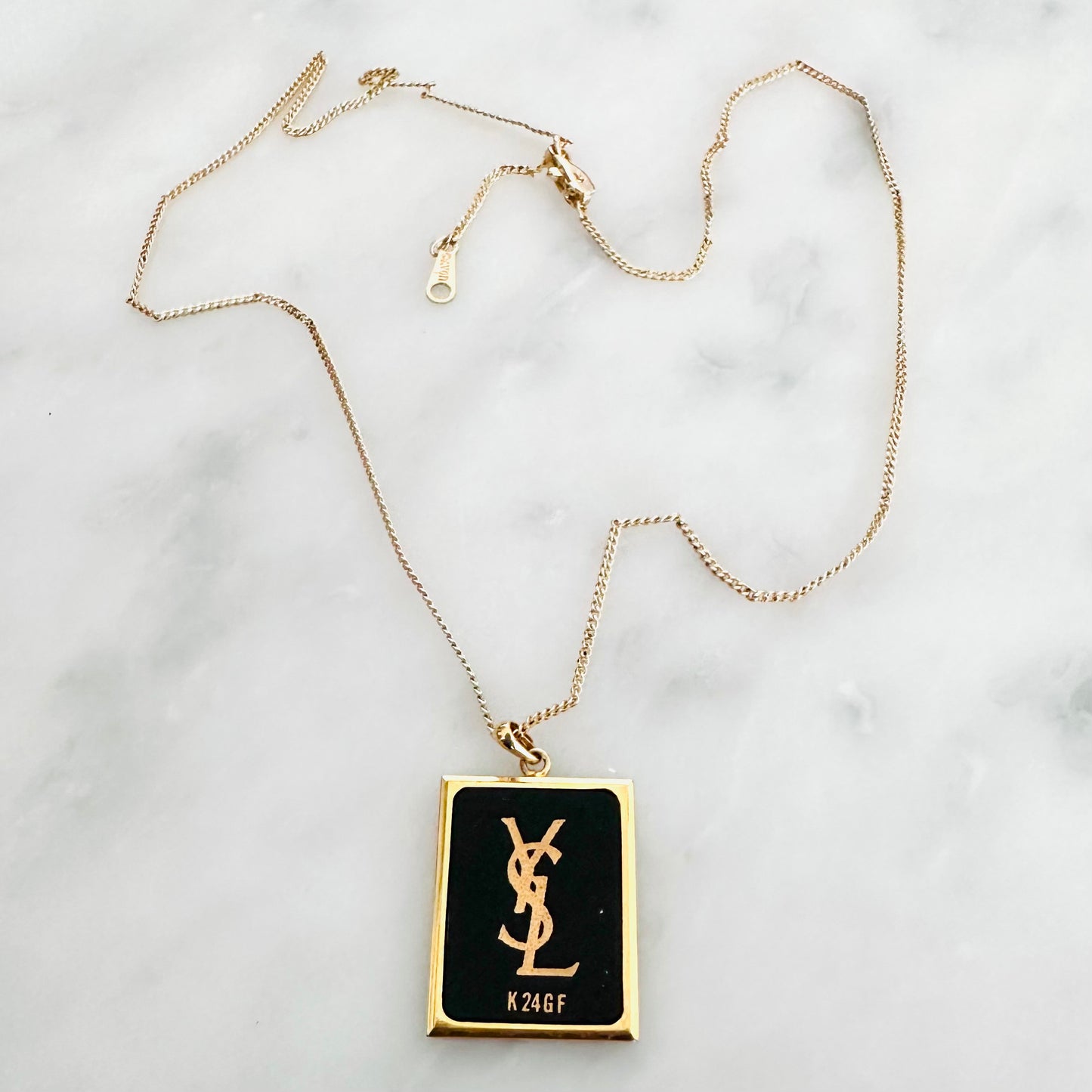 YSL Yves Saint Laurent Black & Gold Monogram Logo Pendant Chain Necklace