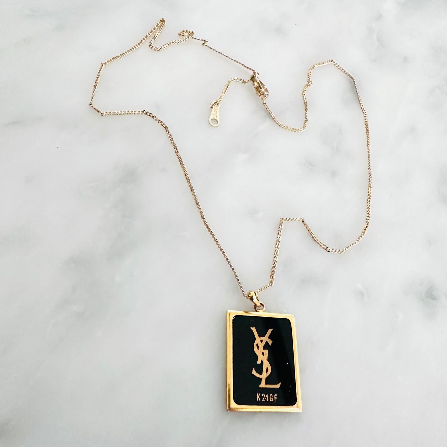 YSL Yves Saint Laurent Black & Gold Monogram Logo Pendant Chain Necklace