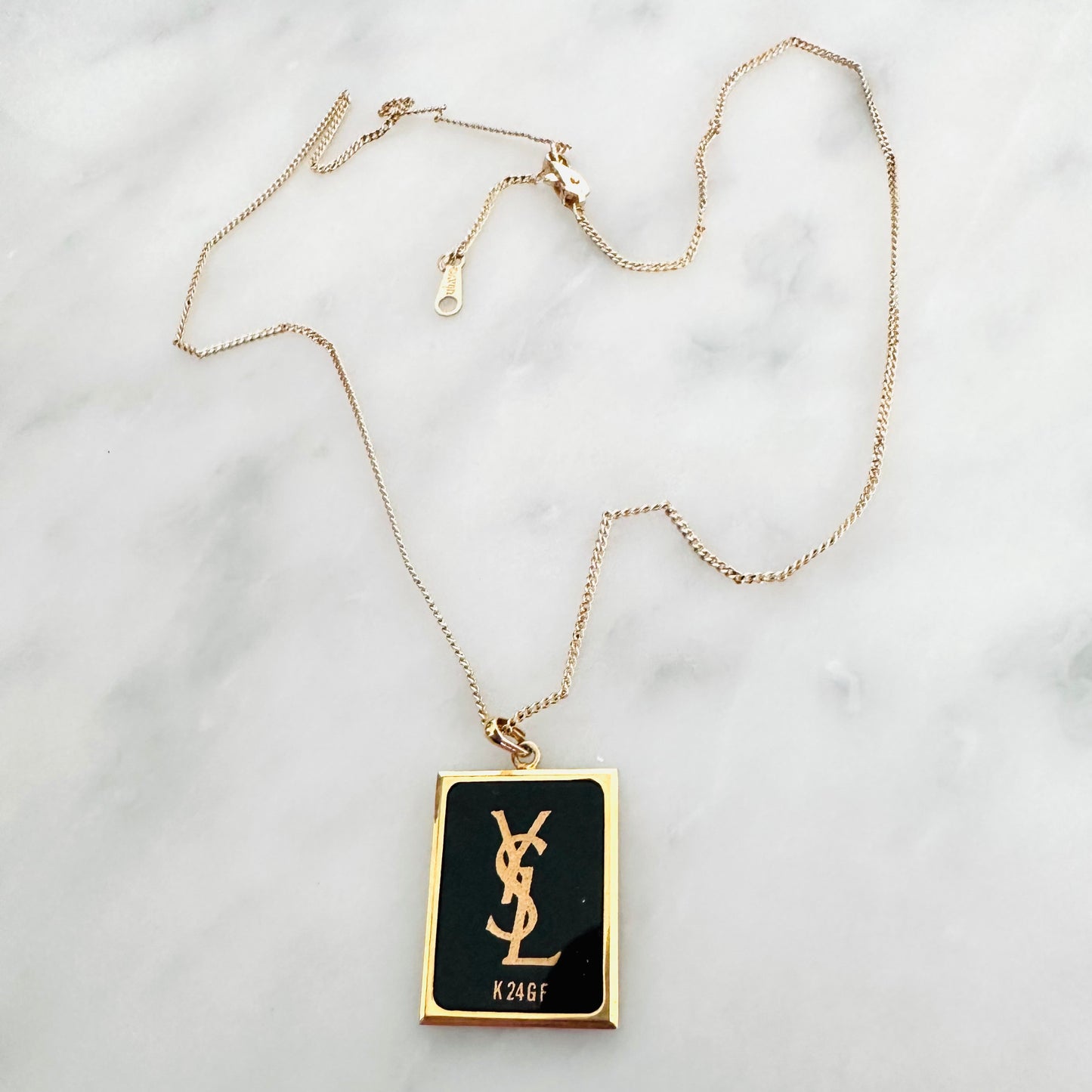 YSL Yves Saint Laurent Black & Gold Monogram Logo Pendant Chain Necklace