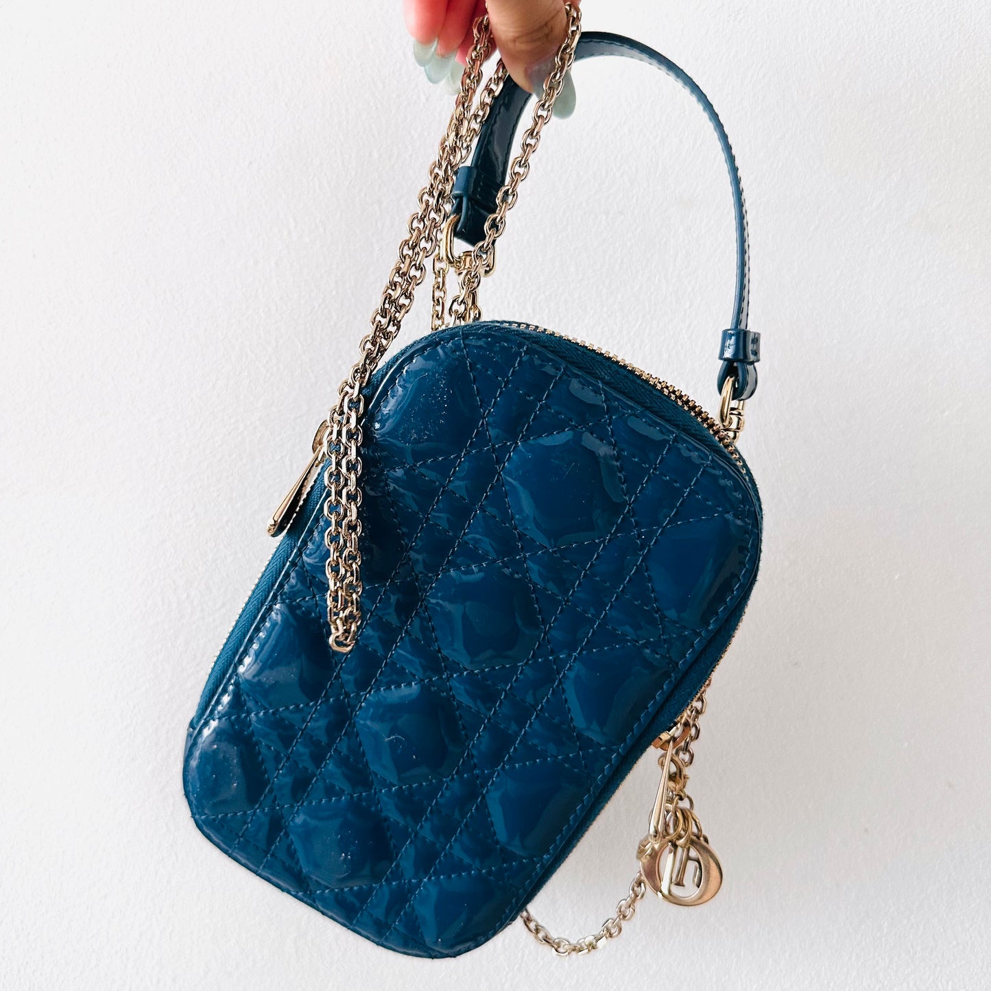 Christian Dior CD Call’In Blue GHW Lady Dior Cannage Quilted Patent Leather 2-Way Top Handle Chain Phone Sling Bag
