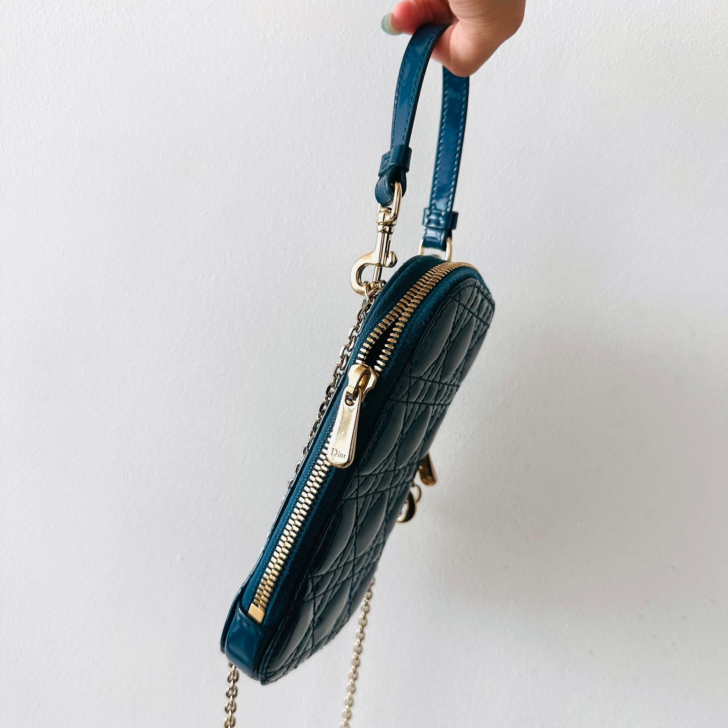Christian Dior CD Call’In Blue GHW Lady Dior Cannage Quilted Patent Leather 2-Way Top Handle Chain Phone Sling Bag