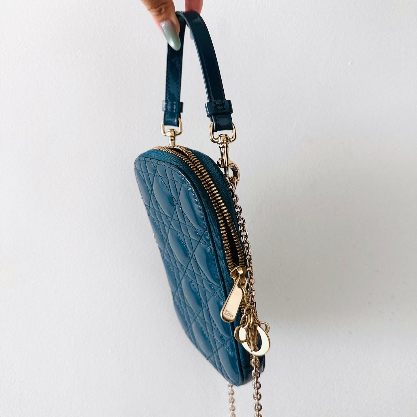 Christian Dior CD Call’In Blue GHW Lady Dior Cannage Quilted Patent Leather 2-Way Top Handle Chain Phone Sling Bag