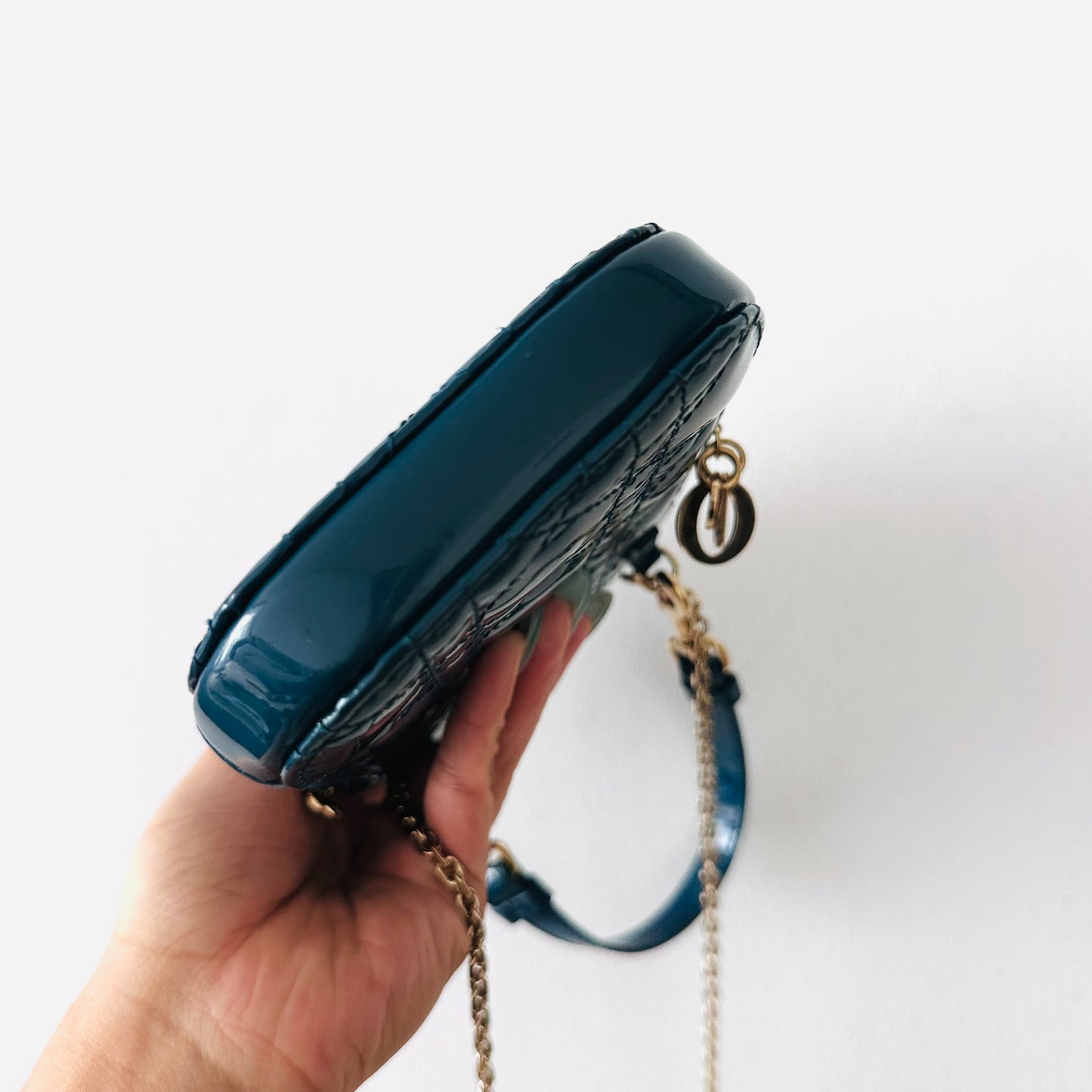 Christian Dior CD Call’In Blue GHW Lady Dior Cannage Quilted Patent Leather 2-Way Top Handle Chain Phone Sling Bag