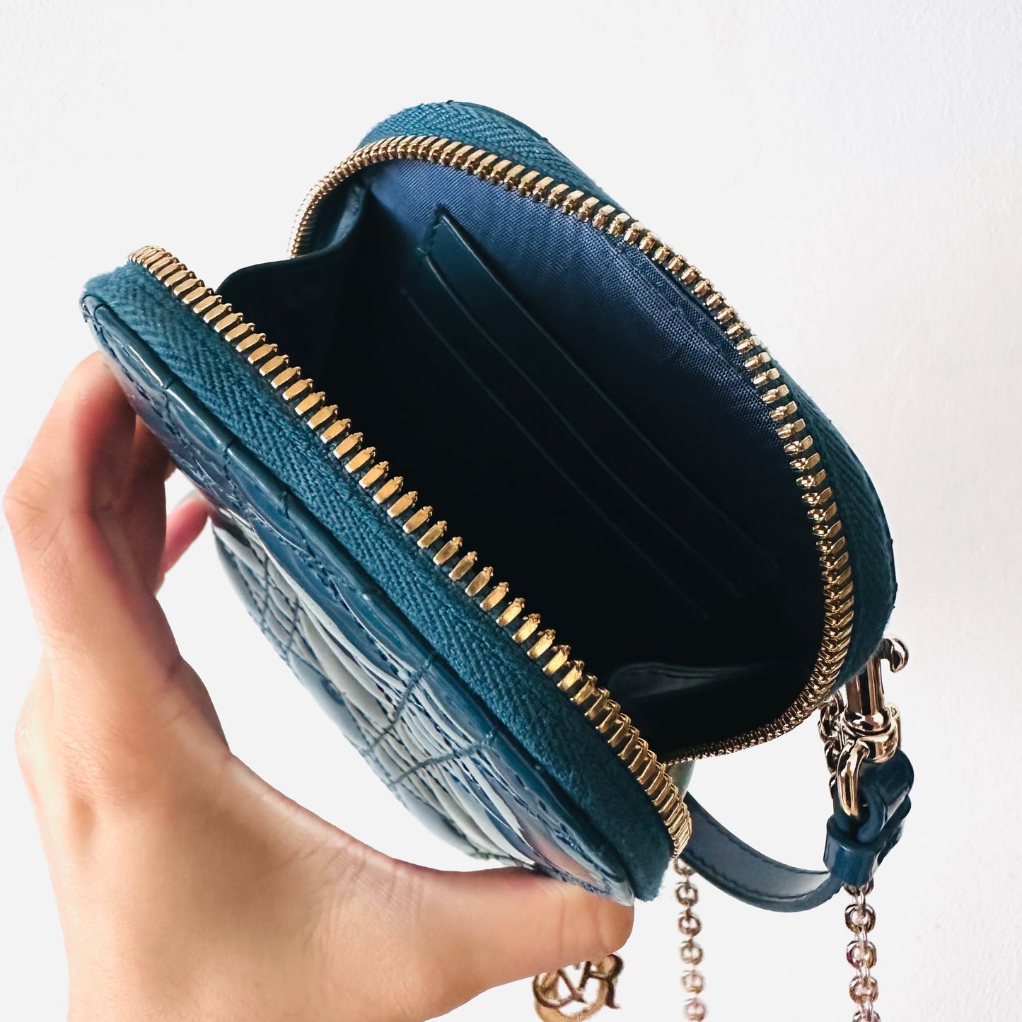 Christian Dior CD Call’In Blue GHW Lady Dior Cannage Quilted Patent Leather 2-Way Top Handle Chain Phone Sling Bag