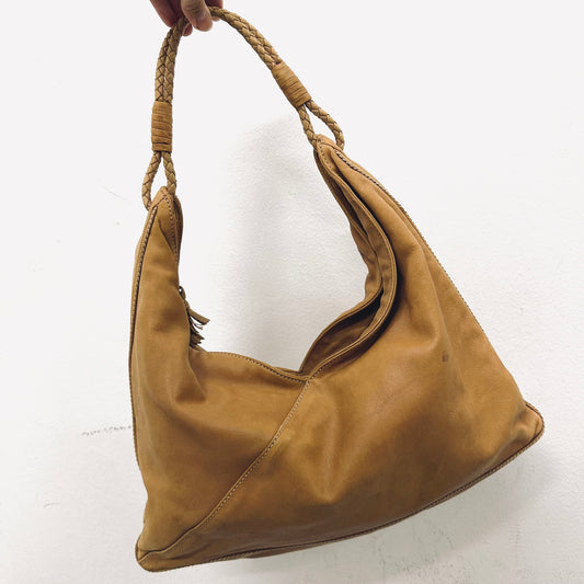 Bottega Veneta BV Beige Taupe Lambskin Leather Woven Handle Hobo Baguette Shoulder Bag