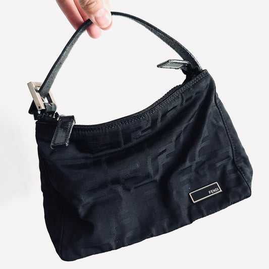 Fendi Black FF Zucca Monogram Logo Small Pochette Baguette Hobo Shoulder Bag