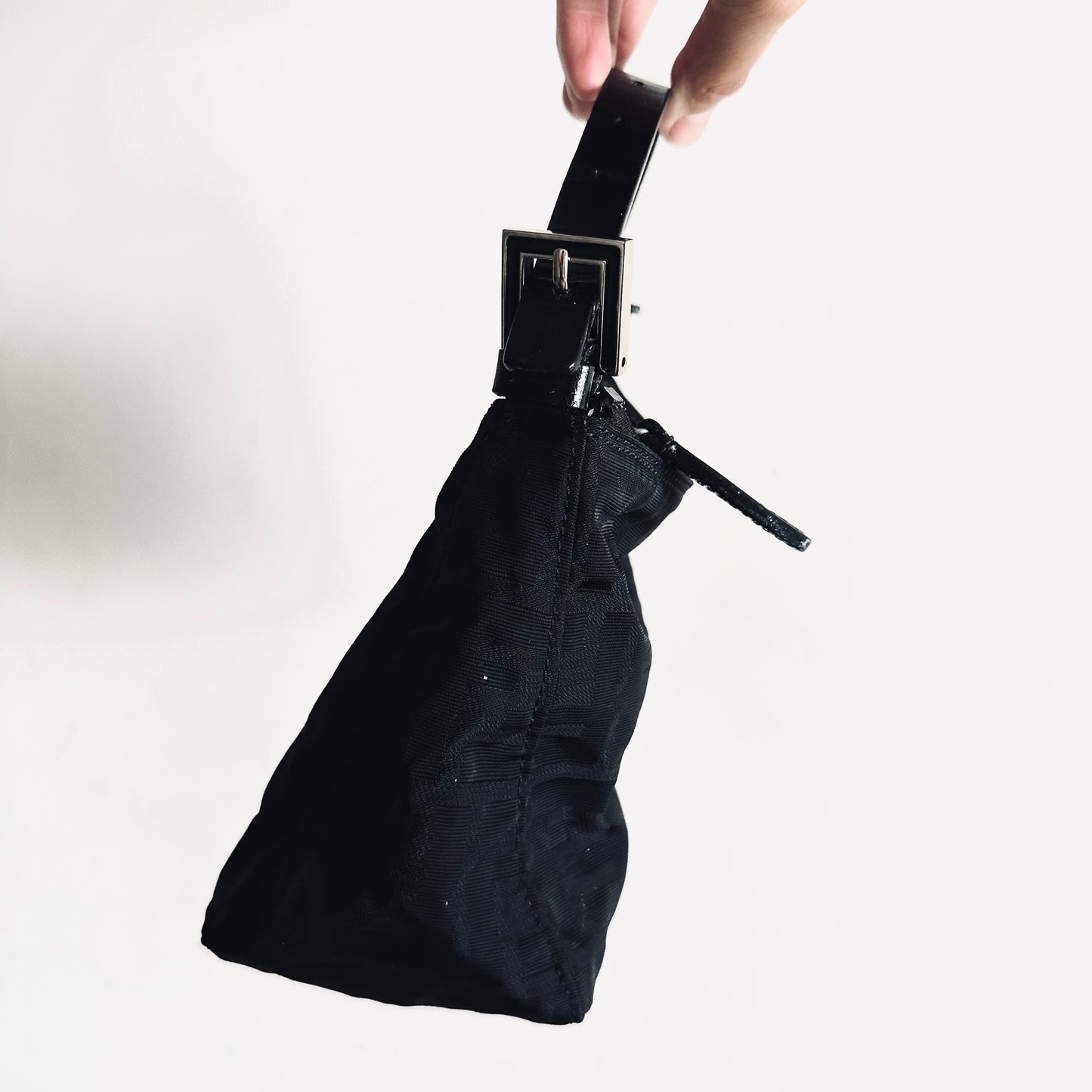 Fendi Black FF Zucca Monogram Logo Small Pochette Baguette Hobo Shoulder Bag