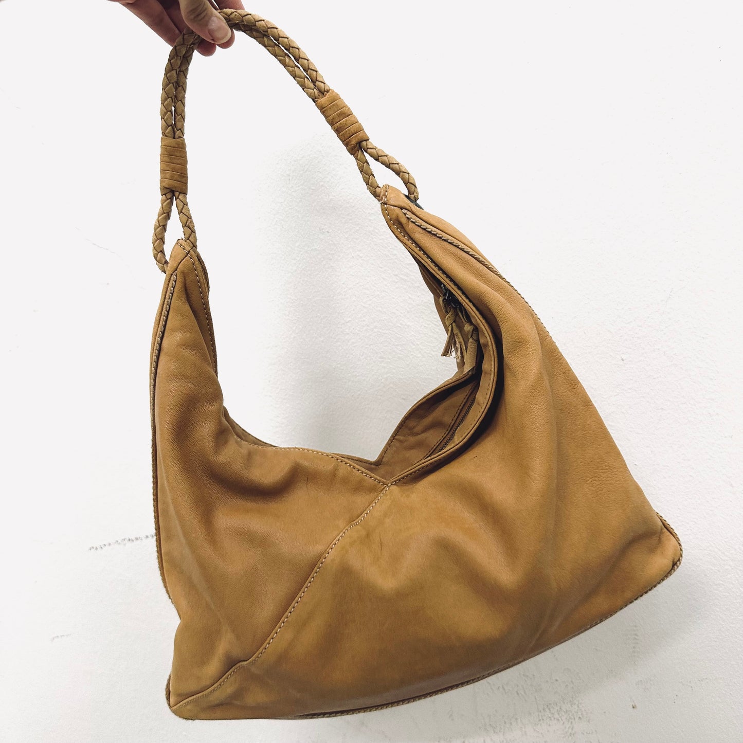 Bottega Veneta BV Beige Taupe Lambskin Leather Woven Handle Hobo Baguette Shoulder Bag