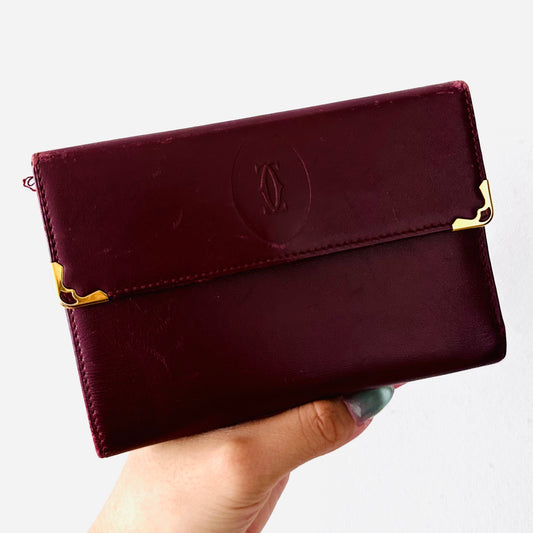 Cartier Must / Mast de Cartier Burgundy Red Maroon GHW Smooth Leather Flap Trifold Compact Wallet