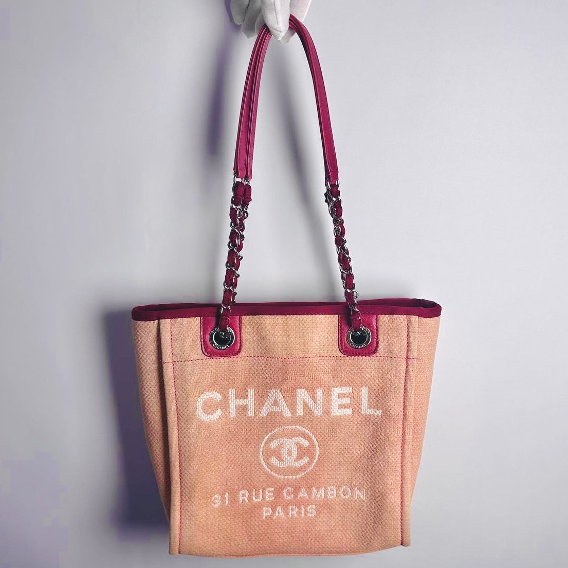 Chanel Pink Deauville PM Giant CC Monogram Logo Shoulder Shopper Tote Bag 16s